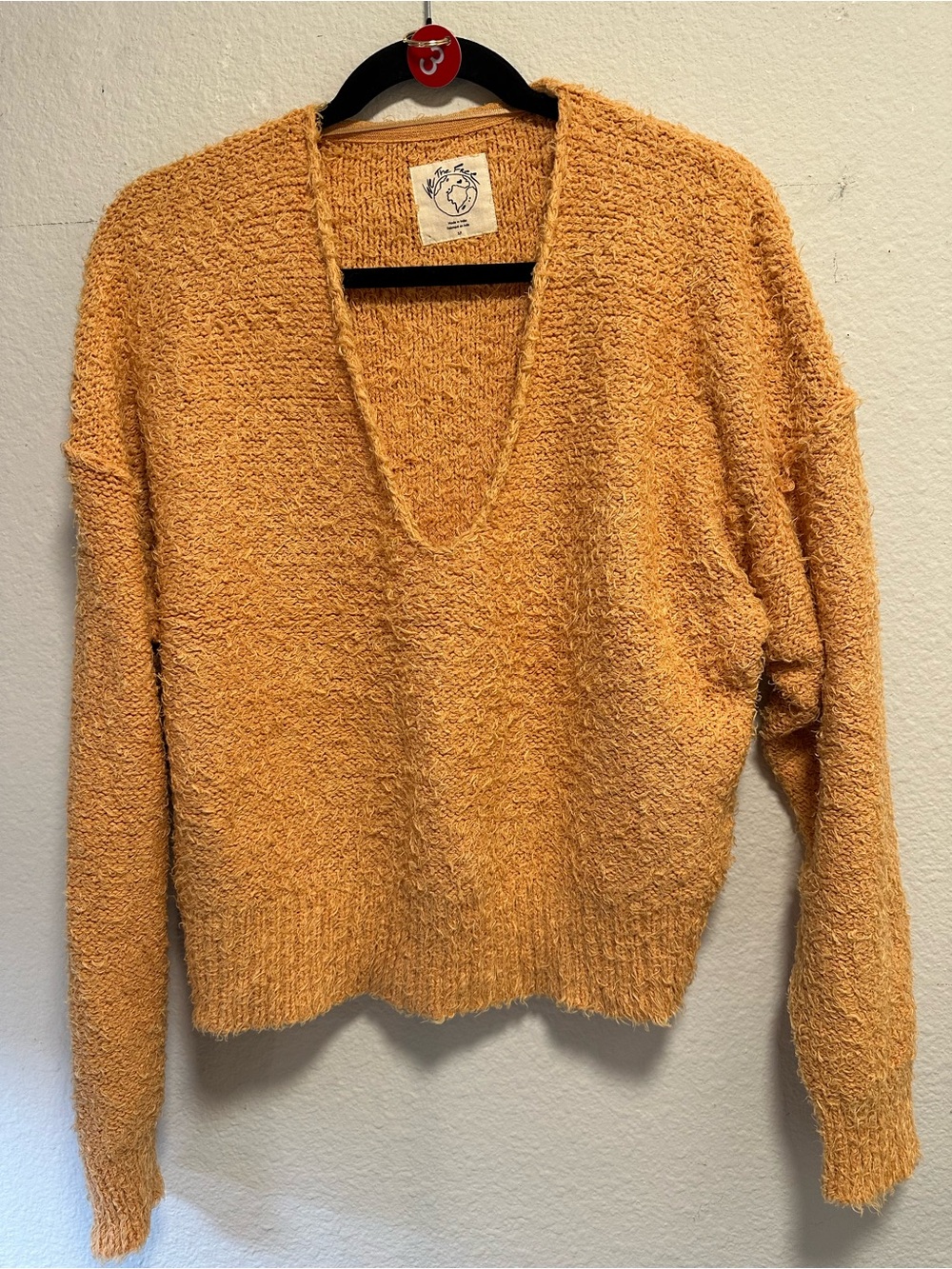 Free People Theo V-Neck Sweater Small Goldy Mustard Fuzzy Slouchy Boho Pullover